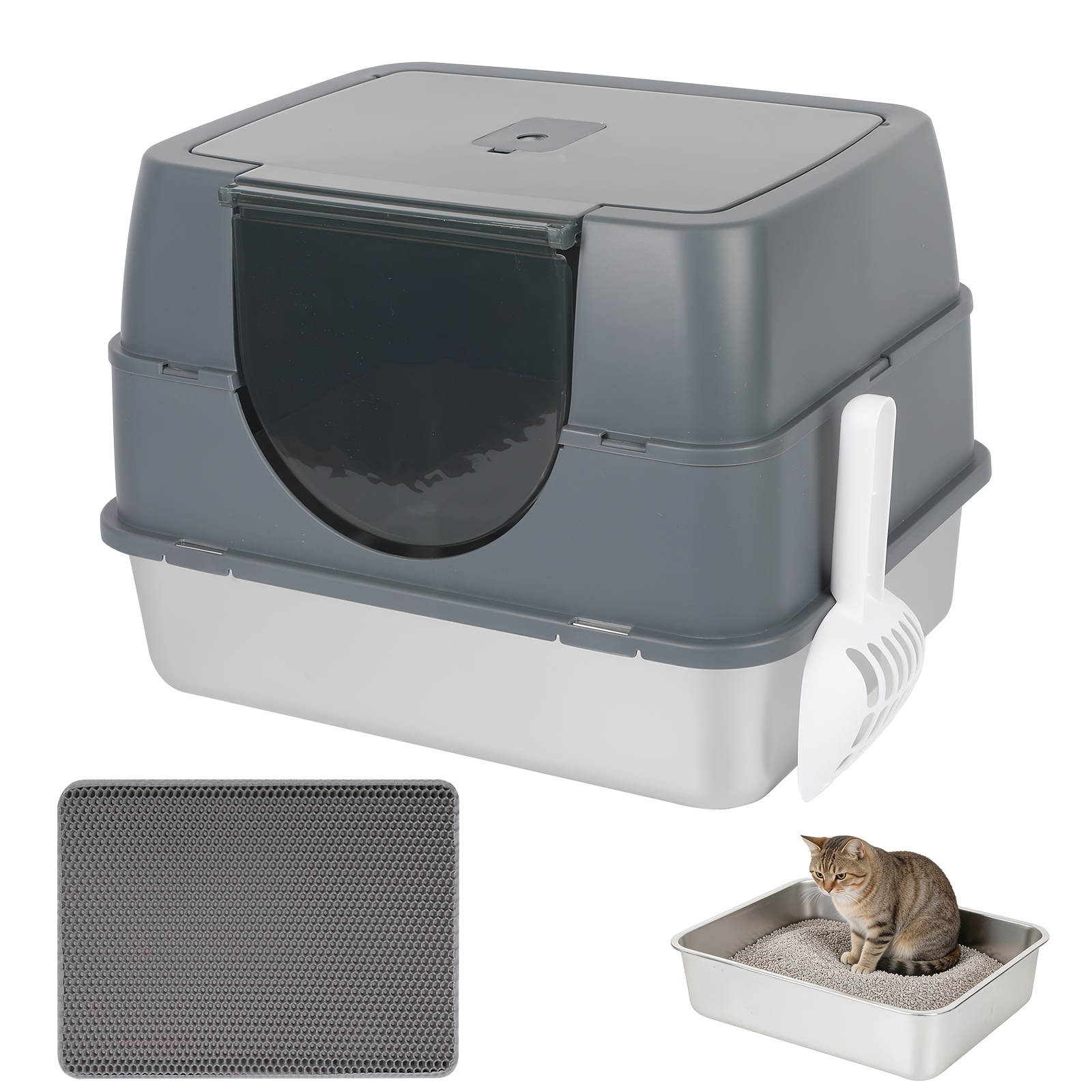 Stainless Steel Cat Litter Box, Drawer Type, Fully Enclosed , Front-opening Door, Cat Toilet, With Free Cat And Litter Pad, Detachable And Washable, Without Battery