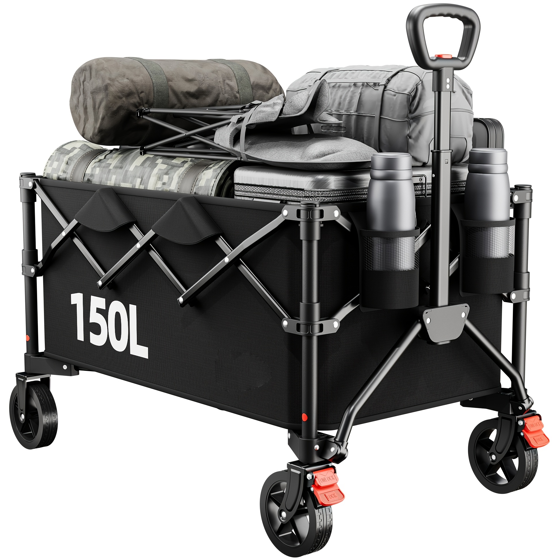 TEMU Carrello a Carrello Pieghevole, Supporta Fino kg con Capacit� di 150 L, Ruote Sovradimensionate per Sabbia, e Ghiaia, per Shopping, Campeggio,