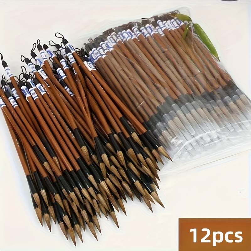 

12 Pieces Of Small Size Goat Hair Brushes For Chinese Painting And Calligraphy - Suitable For Artistic And Crafts Use