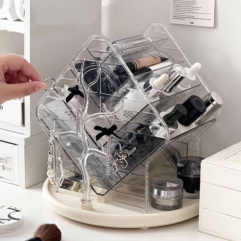   360 degree rotating makeup organizer with brush holder freestanding vanity cabinet heavy duty clear plastic construction space saving bathroom storage for makeup jewelry beauty products no assembly needed modern vanity organizer makeup vanity desk jewelry display   durable plastic Product details 1