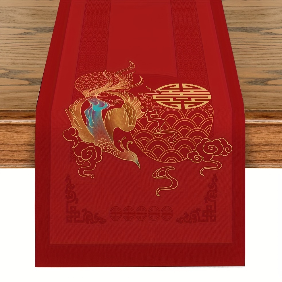 

1pc Decorative Table Runner, Chinese Style Flower Pattern Festive Wedding Bride Happy Word Printed Decorative Table Runner, Tabletop Supplies, Table Accessories