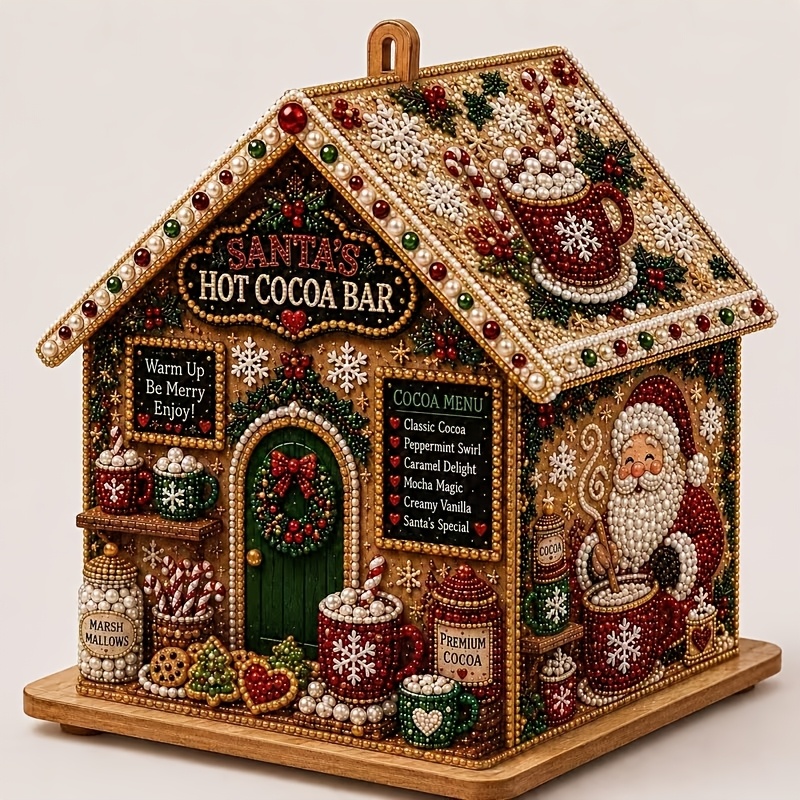 TEMU Diy 3d Christmas Wooden House Pearl Diamond Bead Painting Material Package, A Of Festive Shui Diamond Mosaic Handmade Sets, Suitable For Adults