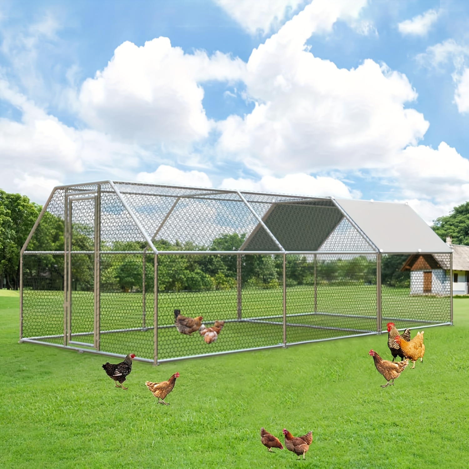 

Large Metal Chicken Coop Cage Walk-in Enclosure Poultry Hen Run House Playpen Exercise Pen Outdoor Yard Poultry Pet Hutch With Weather Proof Cover (19.7 X 9.9 X 6.57 Ft, Flat Roofs)