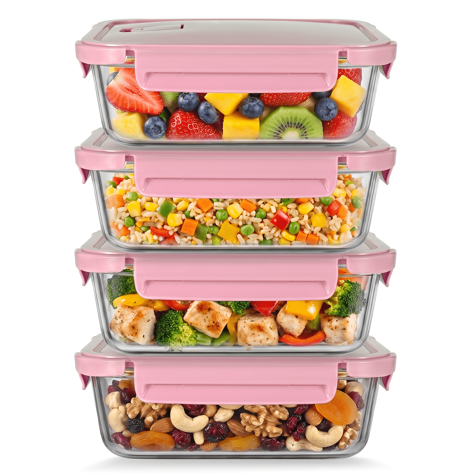 TEMU Mug Glass Food Containers With Lids, 4pcs Set, 1520 Ml Glass Containers With Lids, Suitable For Use In Microwave, Dishwasher And Freezer Glass