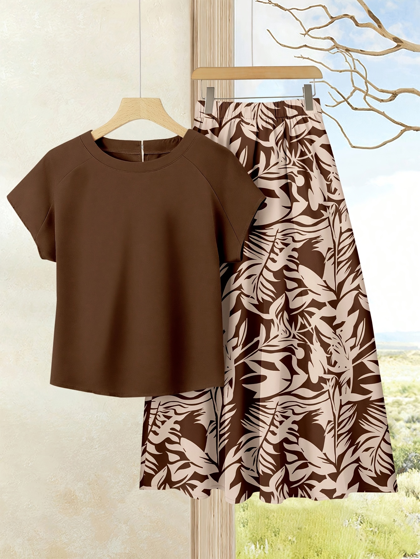 item picture womens 2pcs vacation casual set solid color top printed skirt