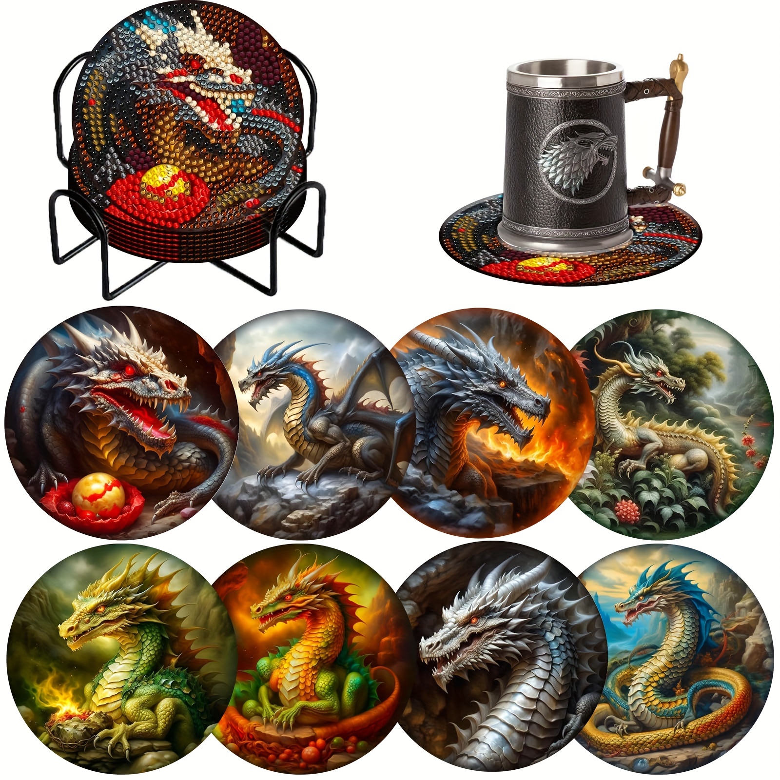 

8-piece Dragon Coaster Diy Diamond Painting Kit With Holder Stand - Round Diamond Animal Theme Art Craft Set For Adults, Complete Full Drill Diamond Embroidery Coasters For Home Decor & Gifts