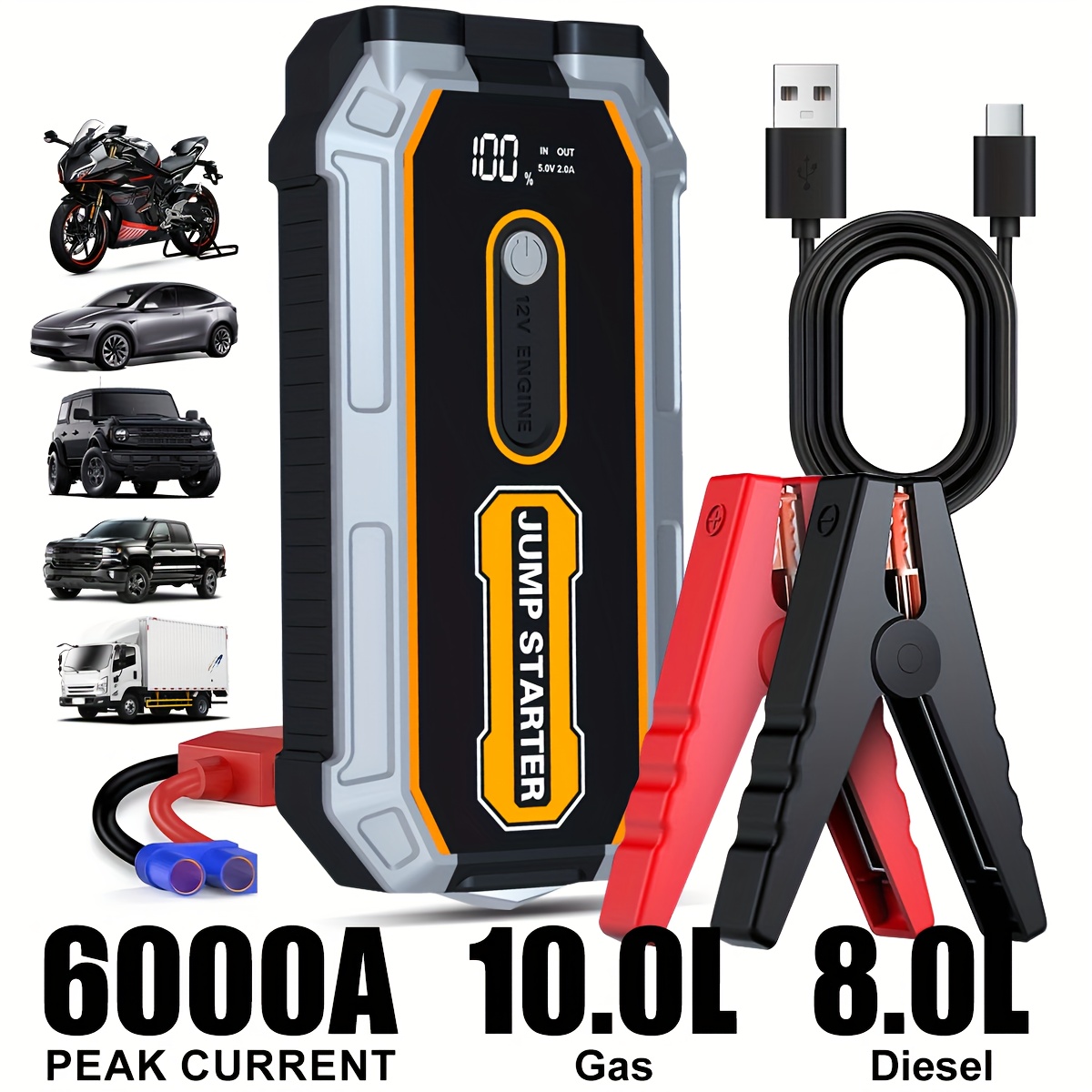 TEMU 6000a -one Heavy-duty Jump Starter With Usb Ports & Led Flashlight - 12v Lithium-ion Fast-charging Portable Power Bank, Compact & Portable With