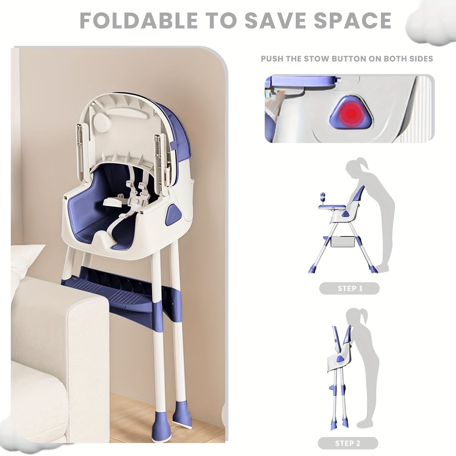 Adjustable Portable Dining Chair with 5-Point Harness, Tray & Wheels - Multi-Functional Eat, Drink & Play Seat with Ergonomic Backrest, Soft Cushioned Seat & Footrest - Modern Safety High Chair for Boys & Girls (Grey//Beige/Navy ) - Easy Assembly Required