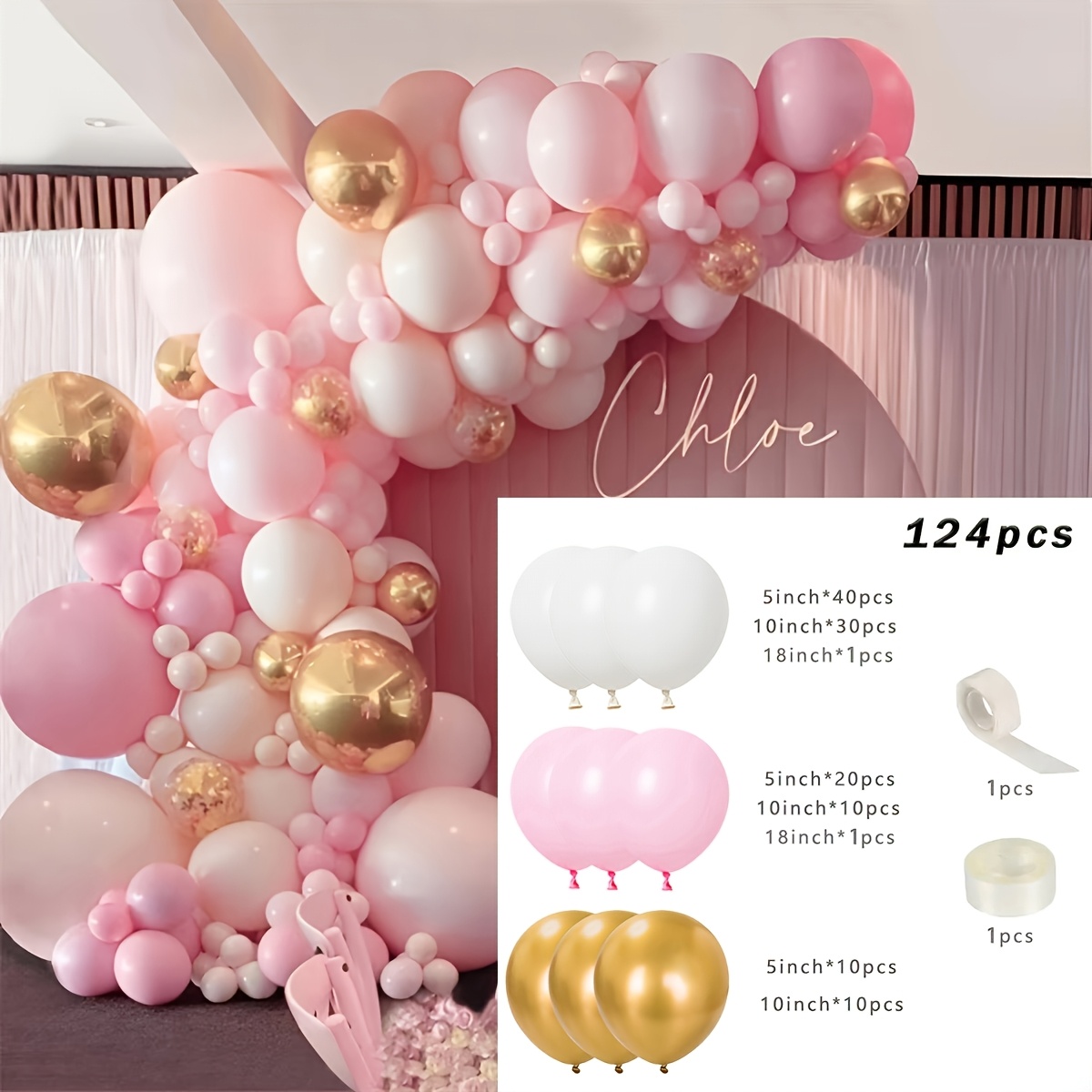 TEMU 124pcs White, Pink, And Arch Set, Birthday And Anniversary Party Decorations, Birthday Decor, Wedding Decor, Party Supplies, Valentine's Day,