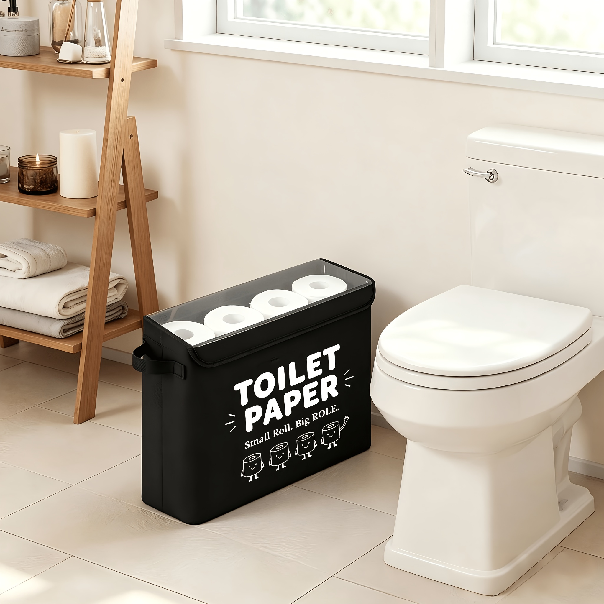 TEMU Foldable Sturdy Toilet Paper Storage Basket, Large Capacity Tissue Roll Holder Organizer Bag With Clear Lid, Portable Bathroom Toilet Roll