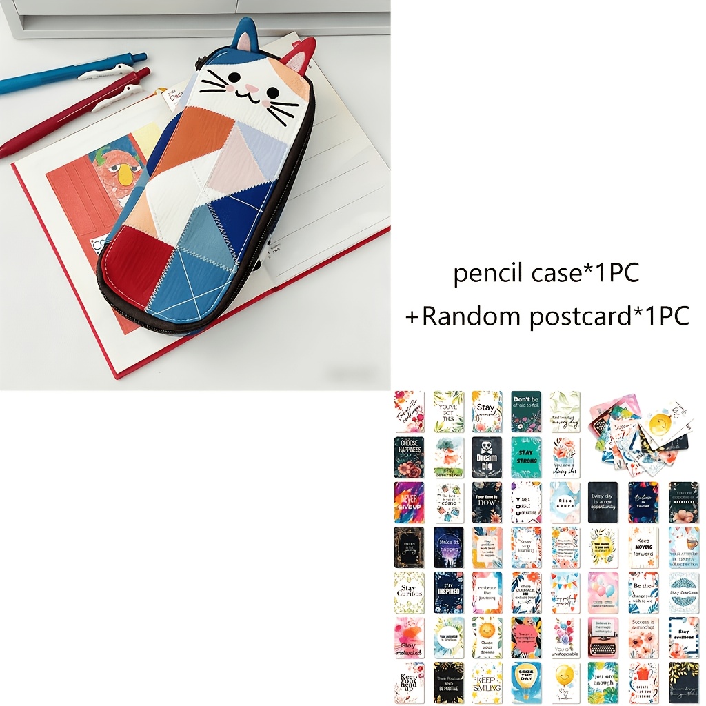 TEMU 2pcs Set: 1 Adorable 3d Cat Pencil Case + 1 Random Exquisite Postcard. Large Capacity For Storing Various Pens And Small Cosmetics. Unisex