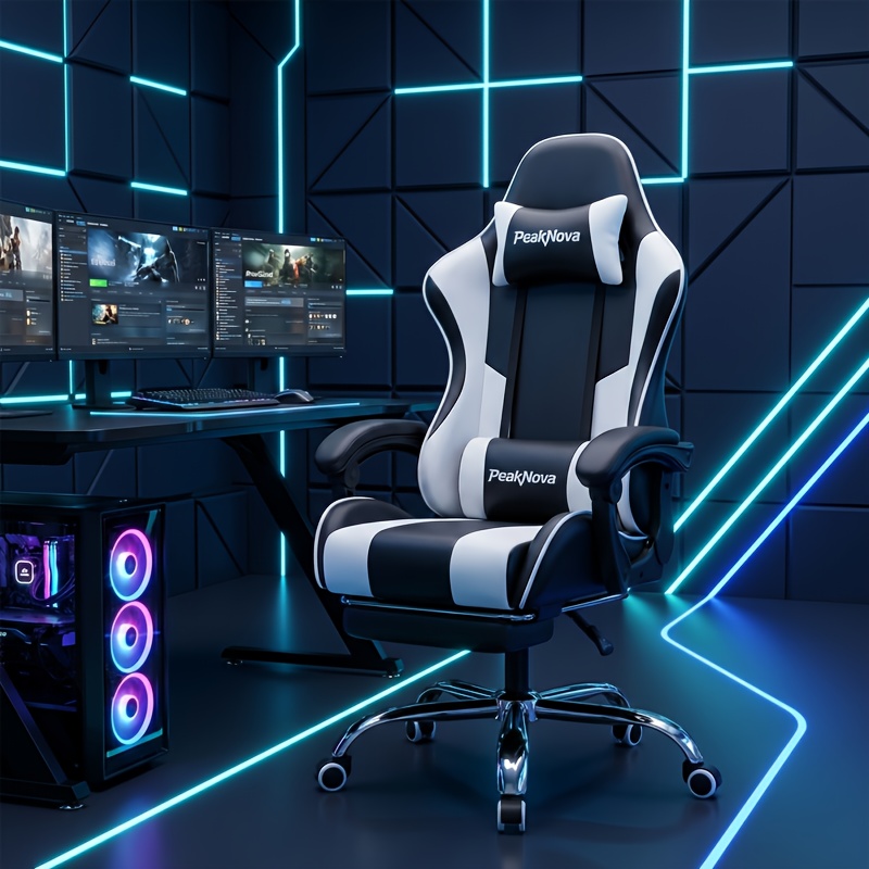 E-shop Gaming Stuhl, Ergonomischer Stuhl mit Fußstütze, Manuelle Neigungsverstellung, Ausgestattet mit Verstellbarer Lendenwirbelstütze, Kopfstütze,