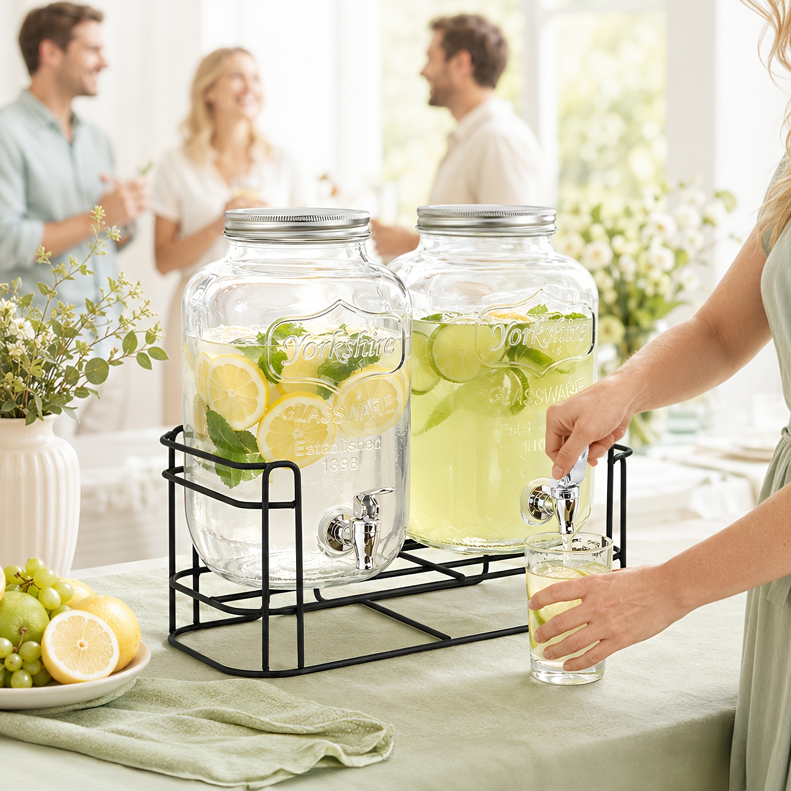 TEMU Machine à boissons 2x4L avec support métallique doré, distributeur de boissons à verre à double robinet, grande , grand diamètre facile à