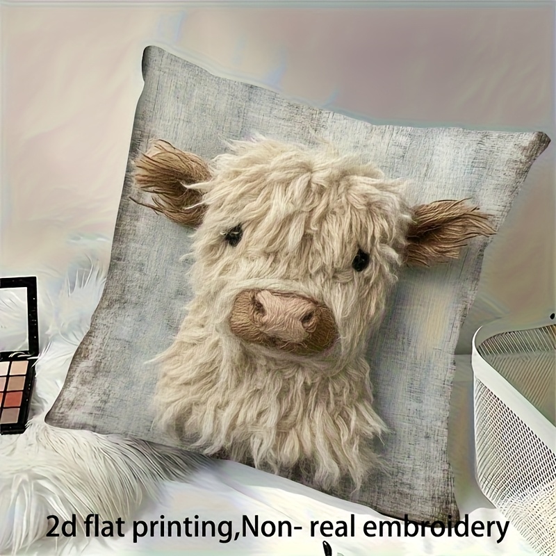 E-shop Hochlandrind-Plüsch-Kissenbezug mit 2D-Flachdruck, ohne Stickerei, 18x18 Zoll - einseitiges Druckdesign, Reißverschluss, maschinenwaschbar,