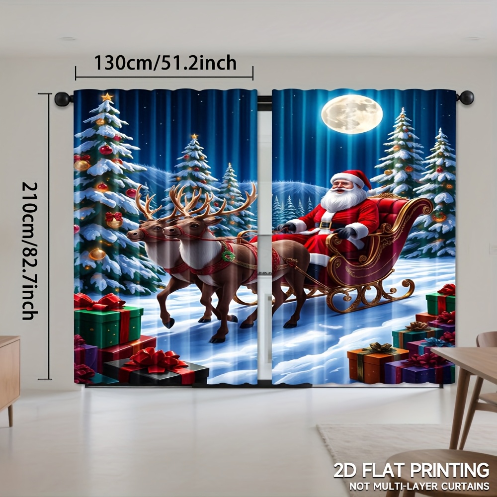 TEMU 2pcs Christmas Holiday Curtains - Santa Reindeer Sleigh Winter Print 100% Polyester Rod Pocket Semi-translucent Drapes For Living Room, Bedroom,