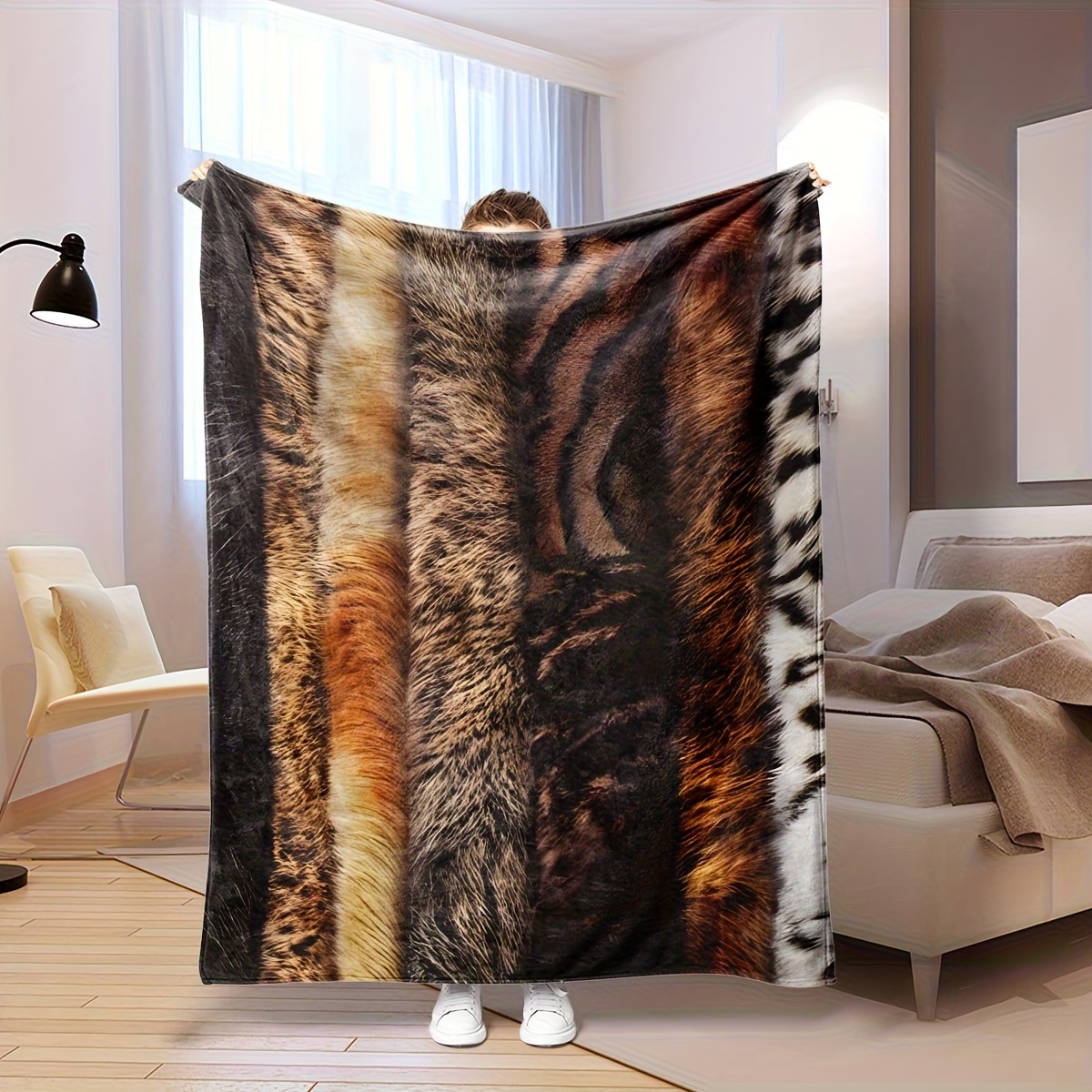 TEMU 1pc Warm Flannel Blanket - Luxury Animal Tiger-lion-leopard Back Pattern - Use For Sofa, Bed, Camping & Travel - Machine Washable Gift For Home, Holidays, Pets - Decor, Fashionable Sofa