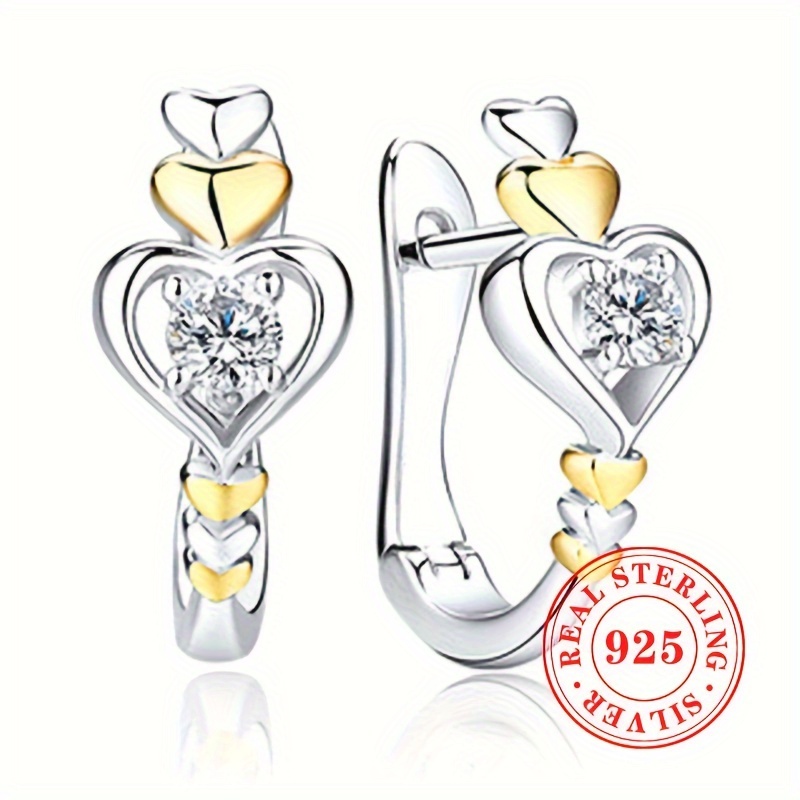 TEMU 925 Sterling Hoop Earrings For Women, 2.3g, Heart With Synthetic Cubic Zirconia, Elegant , April Birthstone, Jewelry Gift