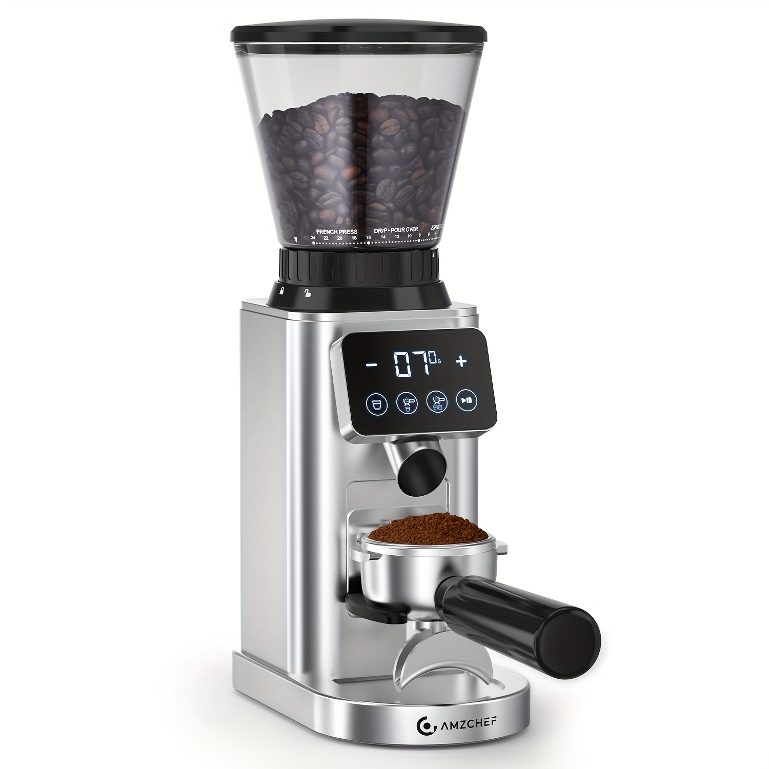 Image of Amzchef Modern Coffee Grinder With Detachable Wooden Stand | Lcd Touchscreen & Airtight Container | 24 Grind Settings For Espresso/ | Stylish Kitchen Countertop Appliance | Easy- Brewing Essential