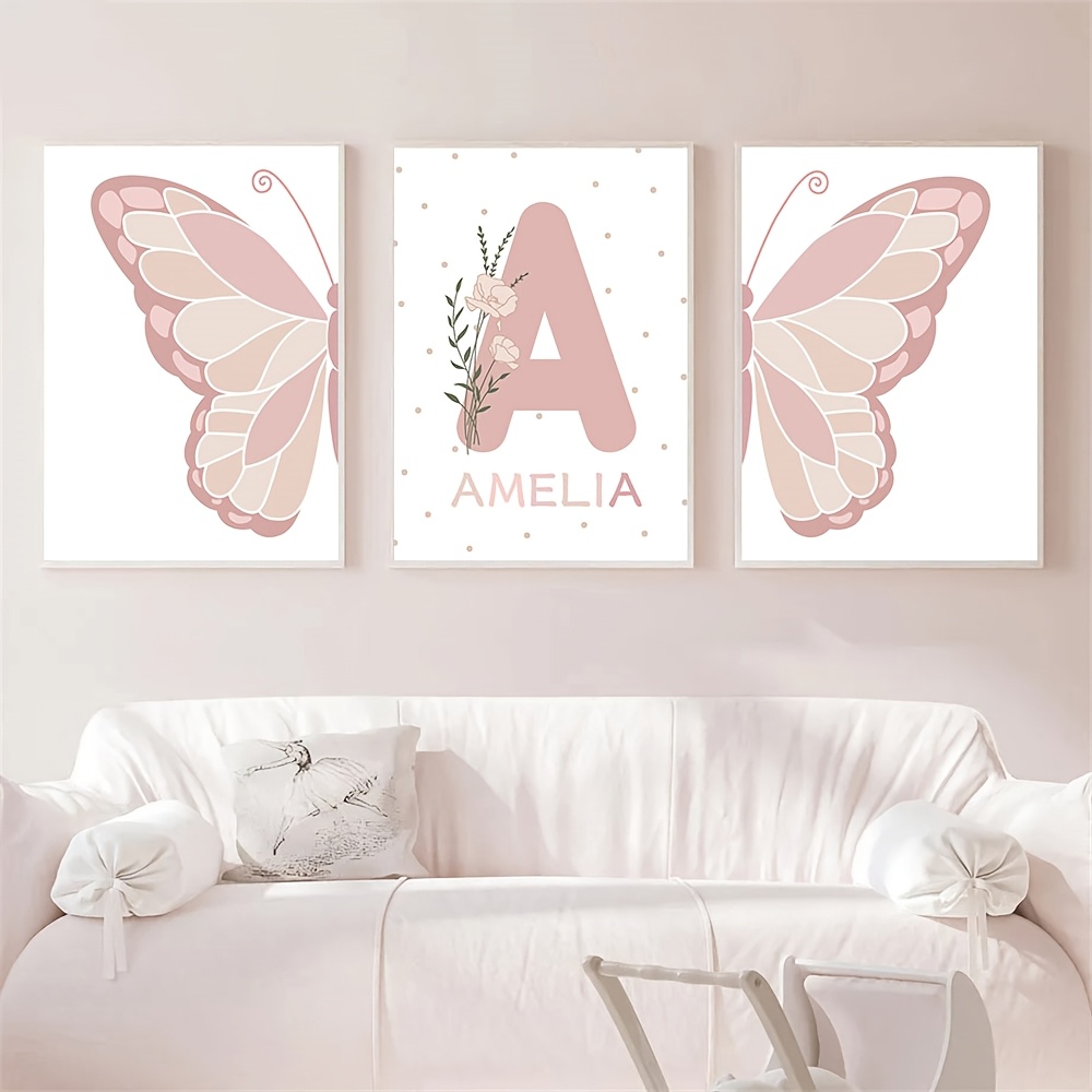 TEMU 3pcs Set - Plant Flower Personalized Custom Name Wall Art, Pink Canvas Poster, Frameless Print Decor, Bohemian , Animal Theme Wall Decoration,