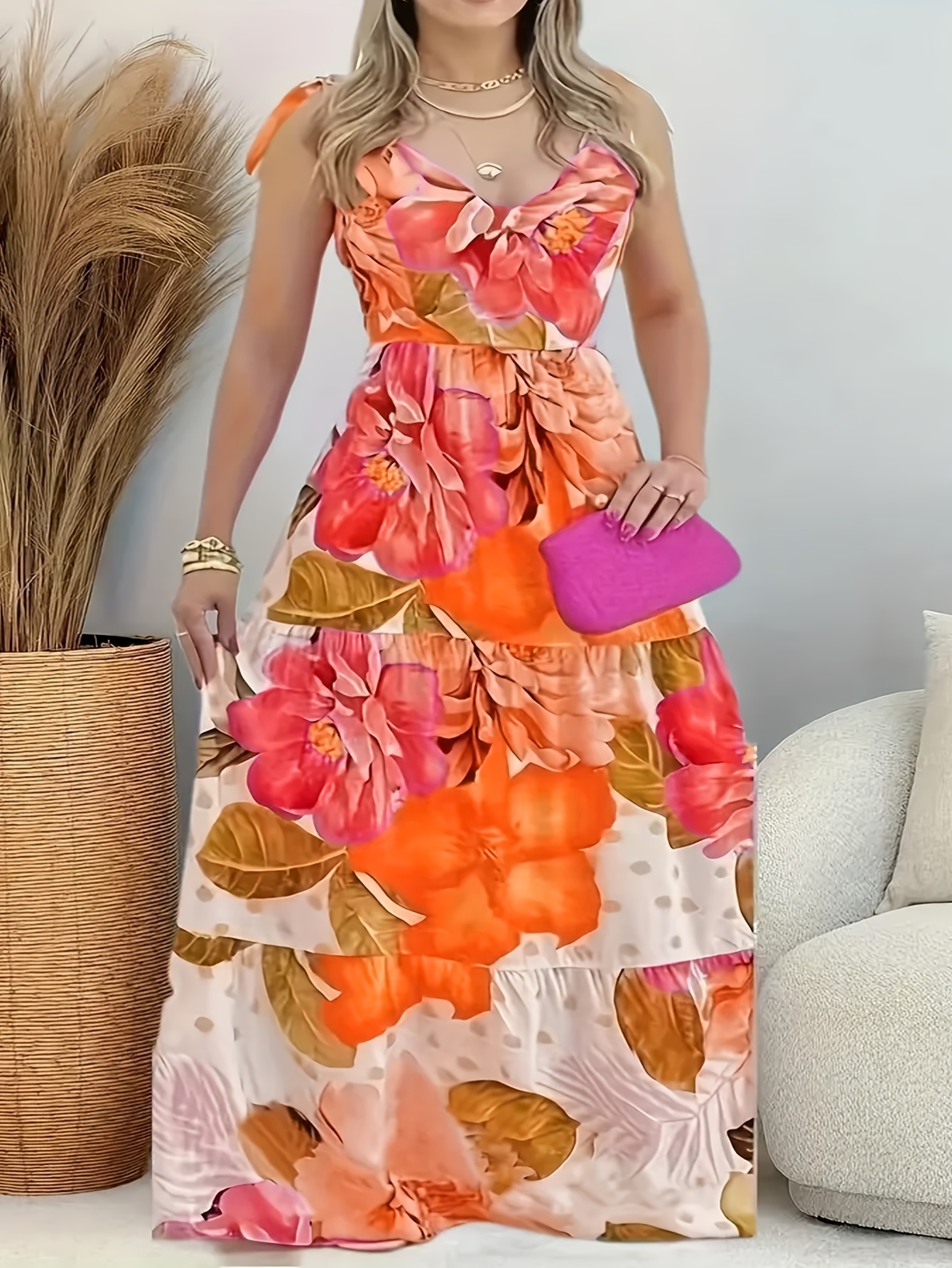 plus size floral maxi dress for wedding Flycurvy Plus Size Wedding Guest Purple Organza Floral Print Wrap Flutter  Sleeve Maxi Dress- Flycurvy