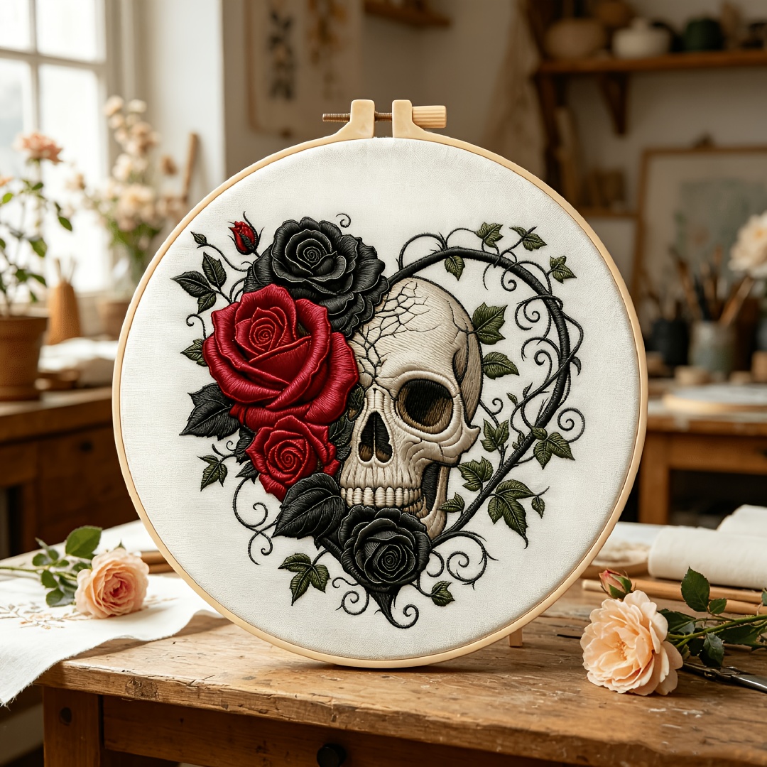 TEMU Kit de broderie pour débutants adultes, motif crâne et noir, kit de démarrage de broderie à , kit de broderie comprenant toile de broderie à ,