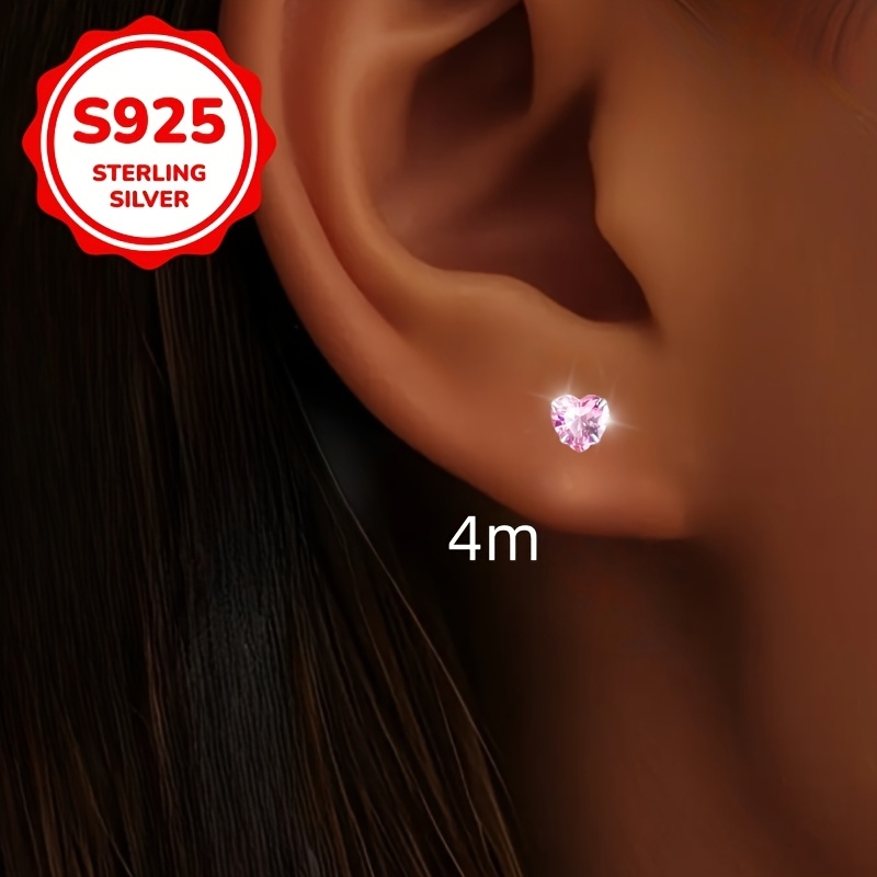 Women's Pink Heart Stud Earrings in S925 Silver