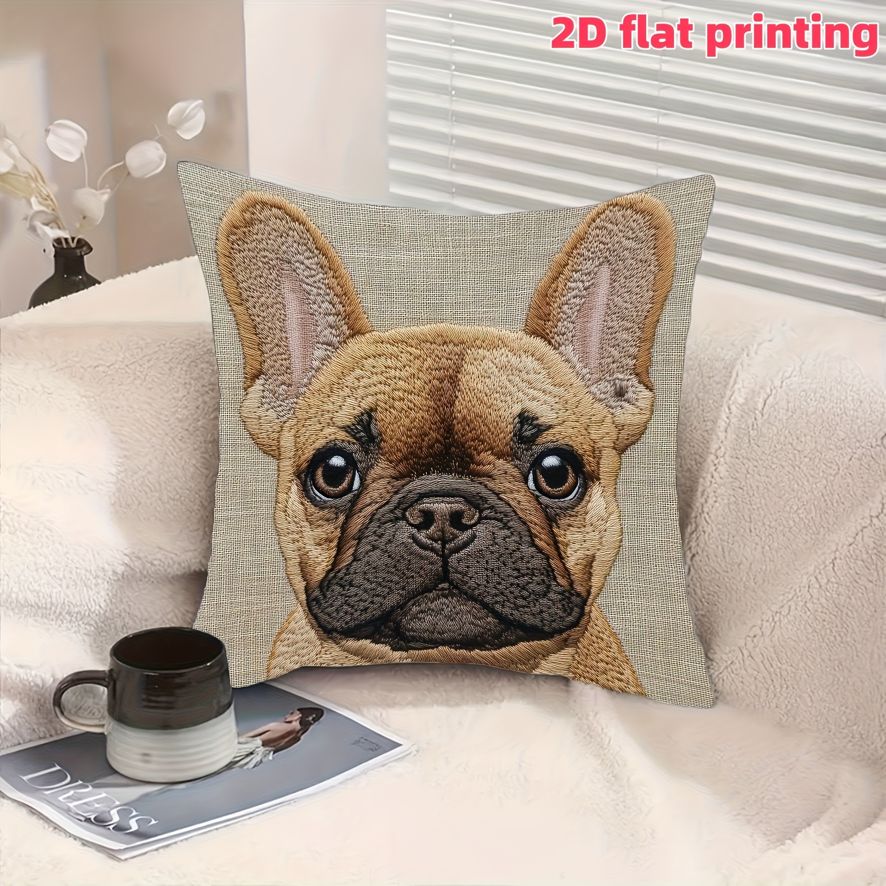 TEMU A Decorative Pillow Cover Featuring A 2d Printed French Bulldog Puppy, Embroidery, Made Of Polyester Short Plush, Measuring 18x18 Inches, With A