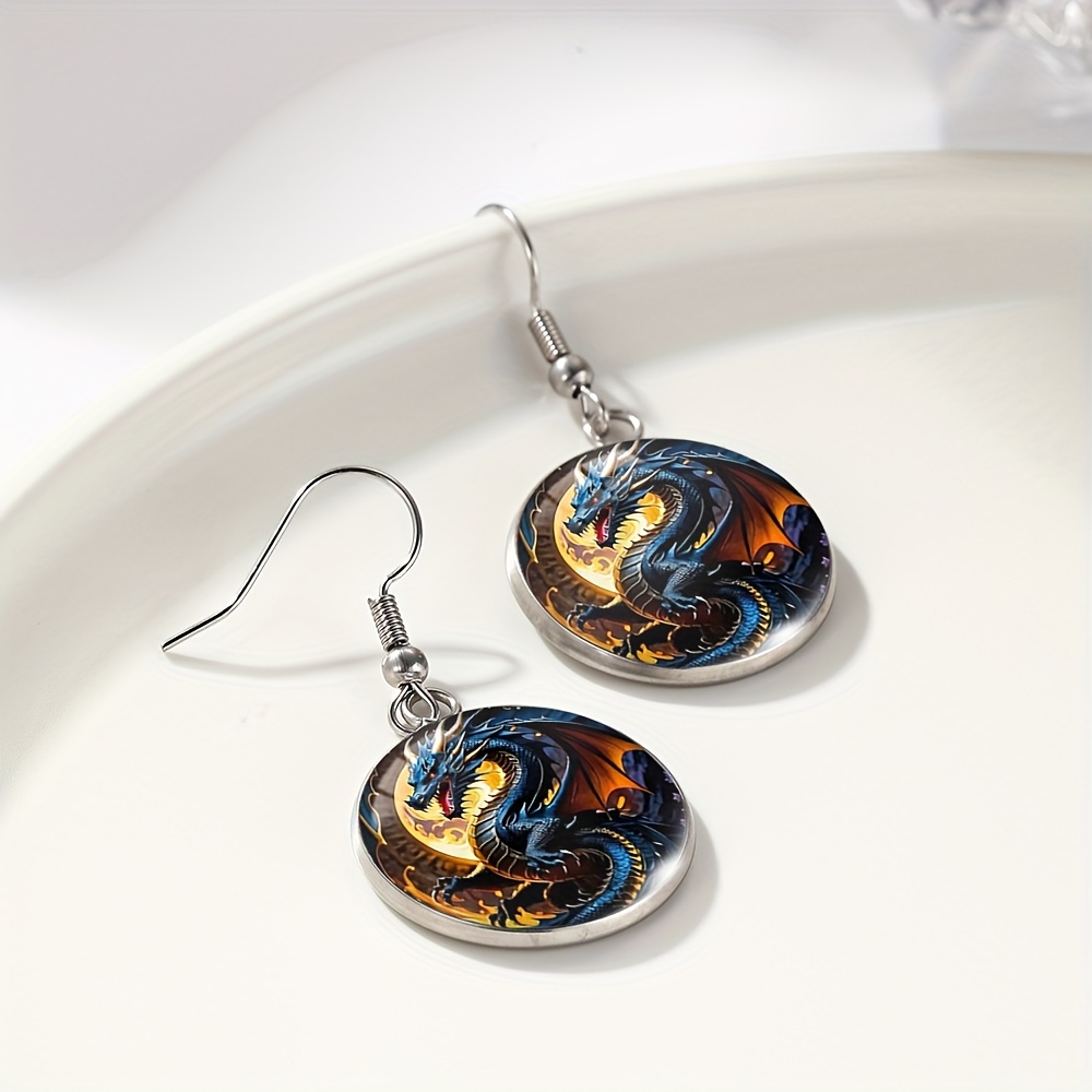 Trendy Blue Dragon-Shaped Round Gem Hook Earrings