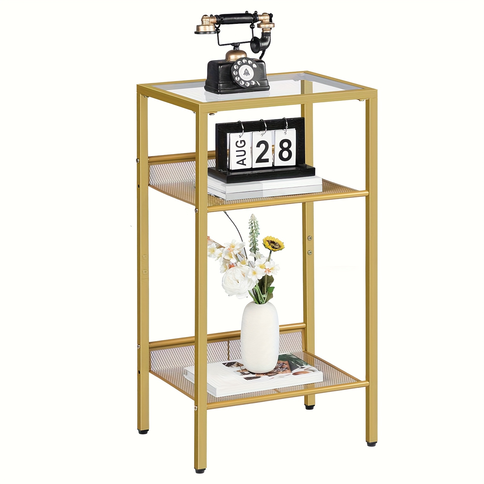 Image of Furniture Items Such As A Golden Side Table, Telephone Table, Three-tier Bedside Table (with Tempered Glass Top And Mesh), Living Room And Bedroom Coffee Tables, Golden
