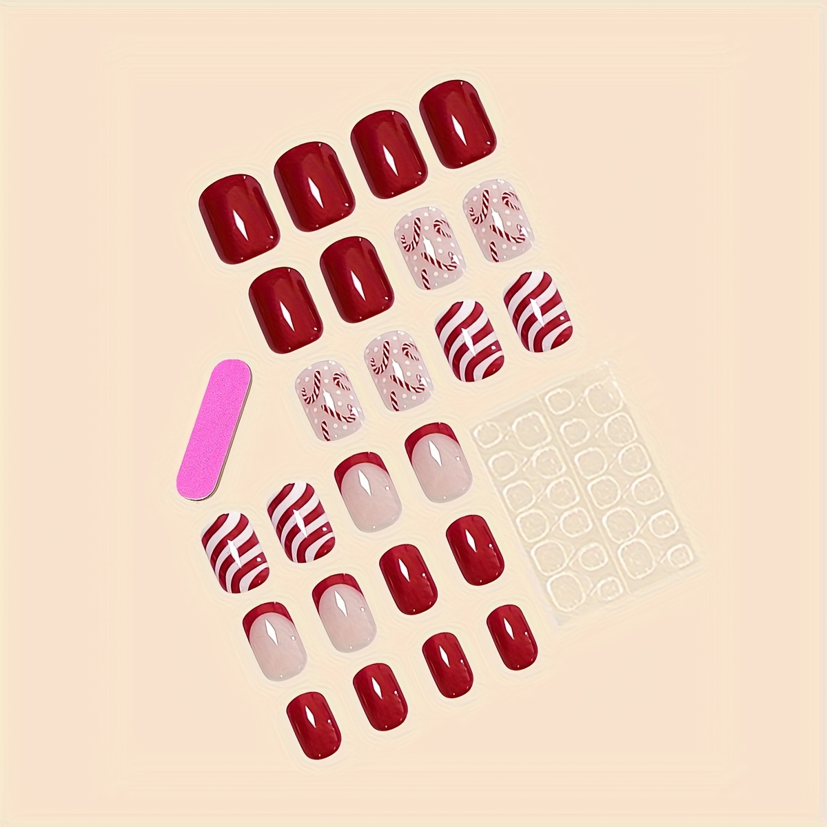 TEMU : 24pcs Short Square Red Polka Dot Stripe Full Cover Press-on Nail Set With Jelly Glue & Nail File, For Women/ For Parties, Dances & Daily Wear