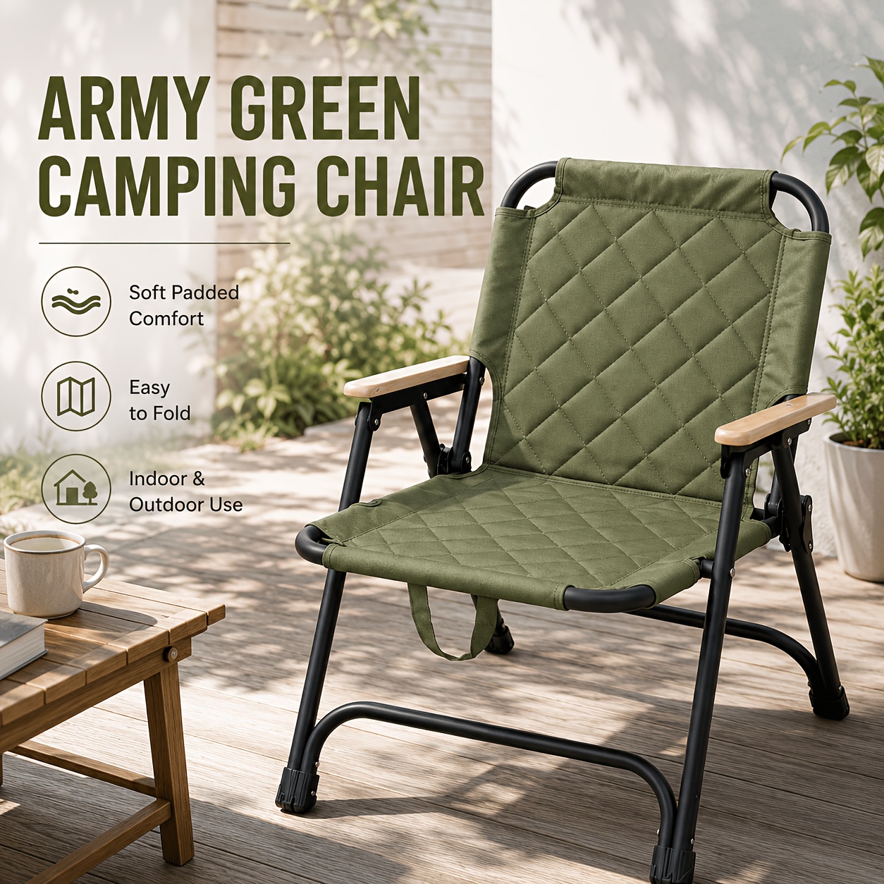 Image of Heavy-duty Folding Camping Chair With Wooden Armrests, Load Capacity 150kg, High Back 600d Oxford Cloth Outdoor Chair, Suitable For Camping, Fishing, Garden, Picnic And Outdoor Festival Activities