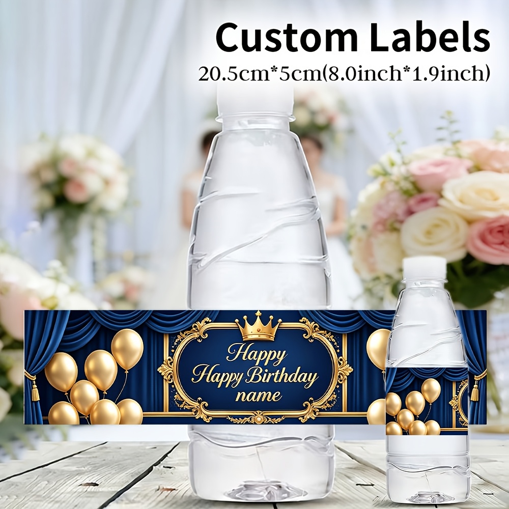 TEMU 10/20pcs 20.5Cm X 5Cm Luxe Bleu Foncé Couronne Dorée Ballon Anniversaire Thème Eau Autocollants Ambiance Fête Mariage Étiquettes Personnalisées
