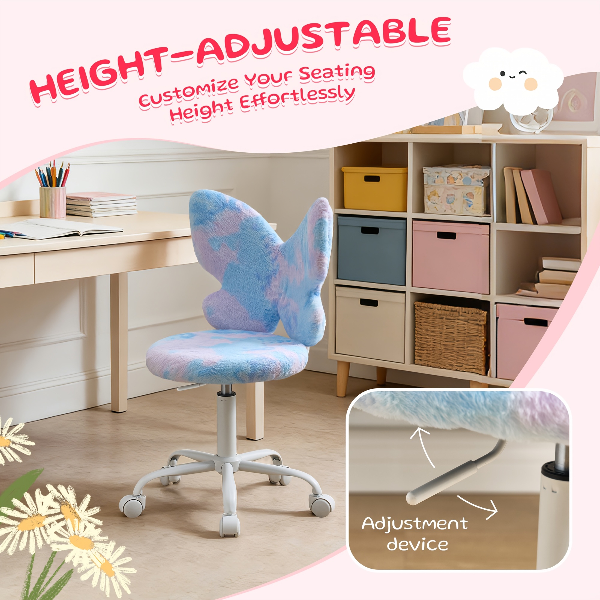 Girls Desk Chair - Comfy Swivel Kids Desk Chair for Girls Room, Fluffy Butterfly Kids Office Chair for Reading & Vanity