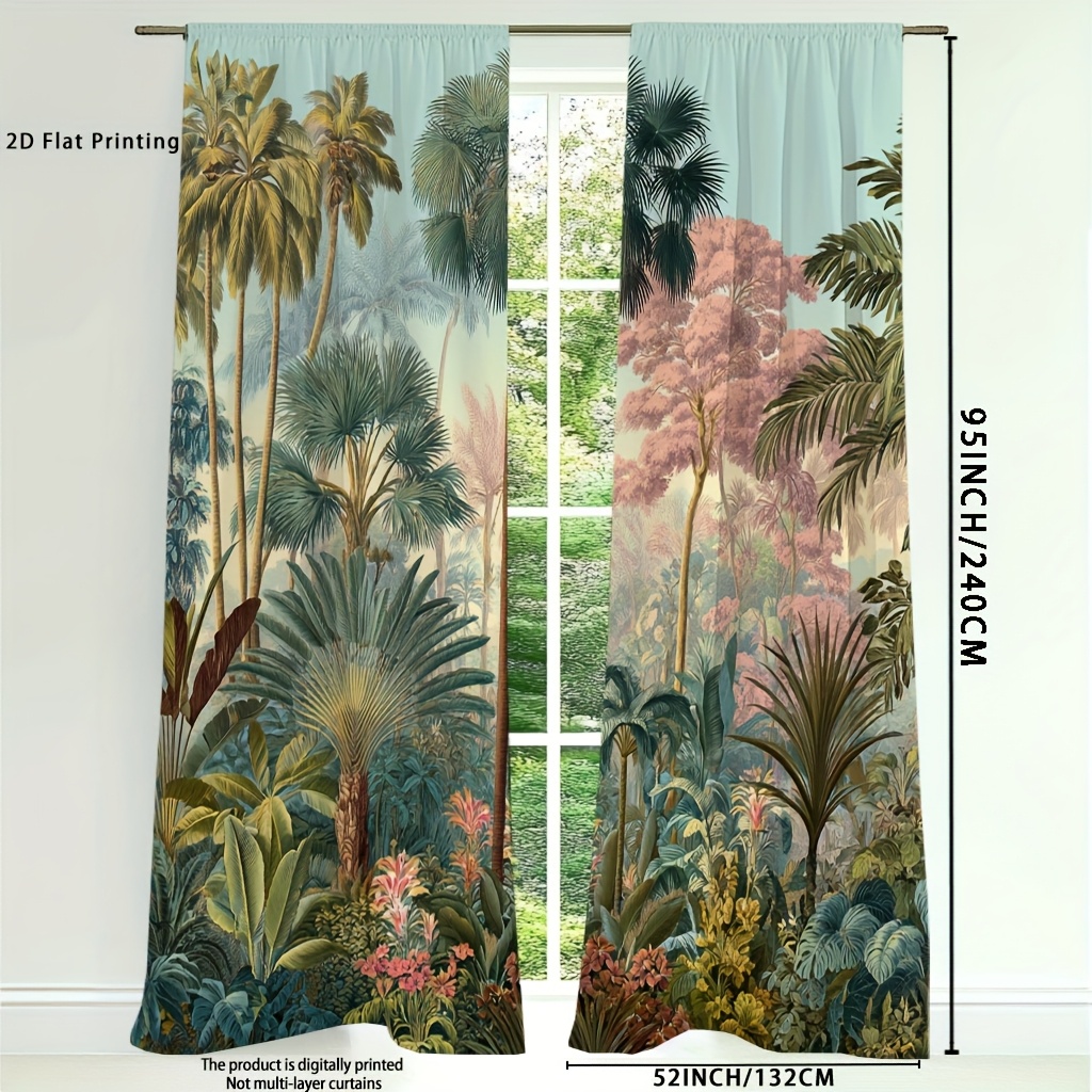 TEMU 2d Flat - 2d Flat - 2pcs, 2d Flat Printing Tropical Jungle Print Curtain, Curtain For Front Door Window, Living Room Curtains Blackout, Curtains