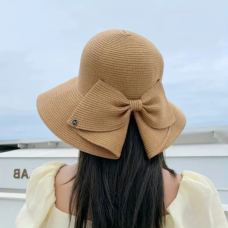 Trendy Bowknot Straw Bucket Hat Classic Solid Color Summer Sun Hats Solid  Color Travel Beach Hats For Women Girls