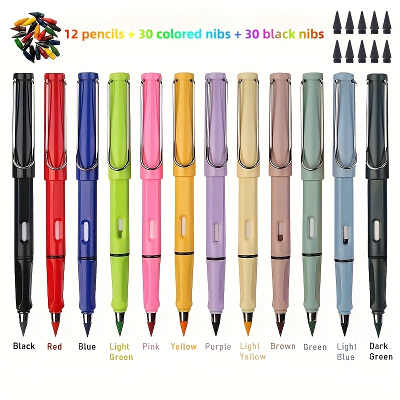 

72pcs/set Color Pencils, 12pcs Color Pencils + 30pcs Color Nibs + 30pcs Black Nibs, 0.5mm Pencil Technology Inkless Metal Pencils Magic Pencils For Drawing Not Easy To Break Pencils Straight Pencils