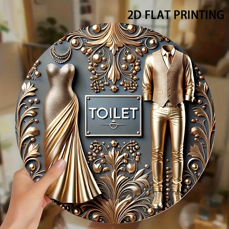 2d Flat, 1pc Round Wooden Plaque With Golden Clothing Design, Door Wall Art, Multifunctional Decoration, Suitable For Homes, Cafes, Restaurants, Garages, , Unique Gift Idea, 2d Flat