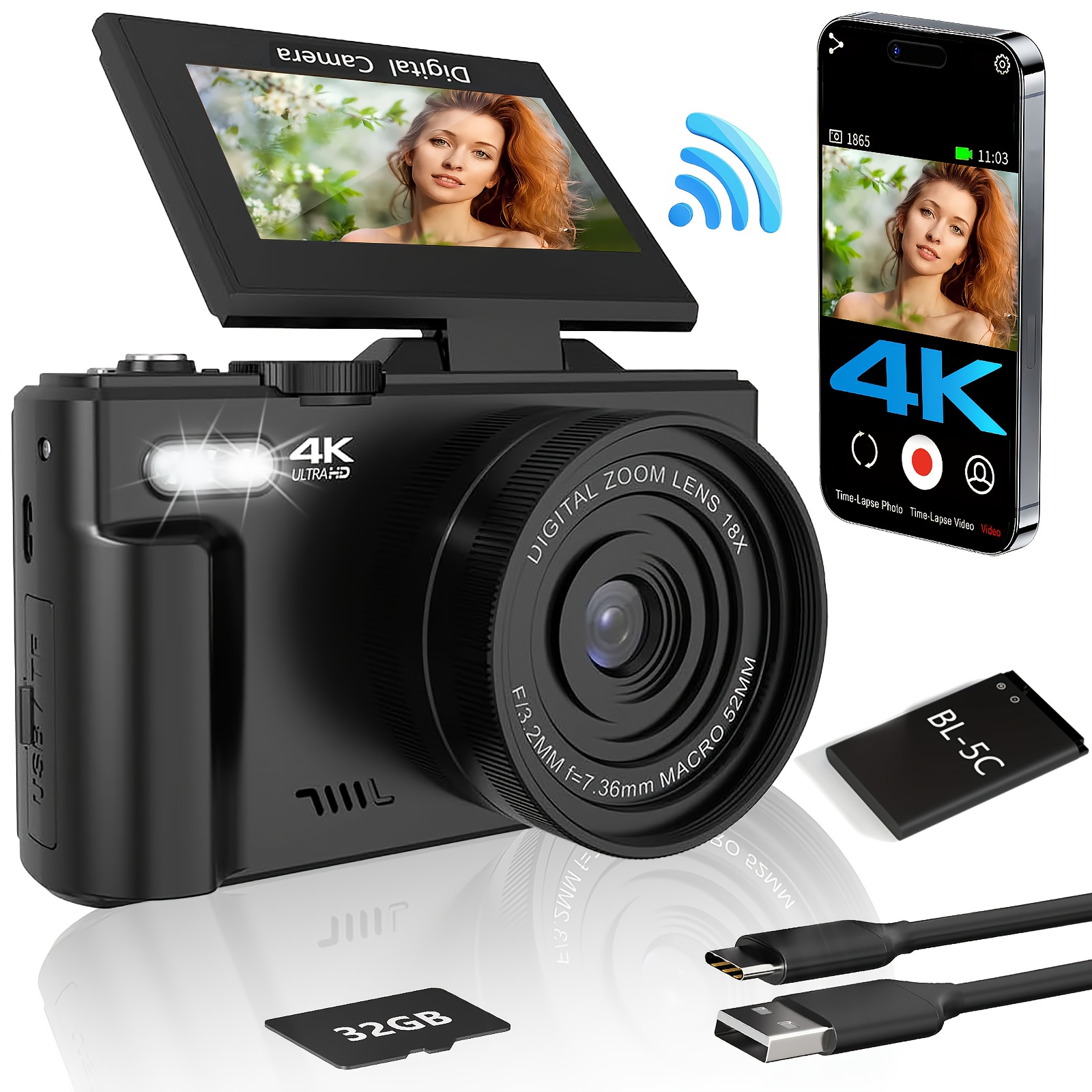 Appareil Photo Numérique WiFi 4K 64MP Appareil Photo Compact Pour