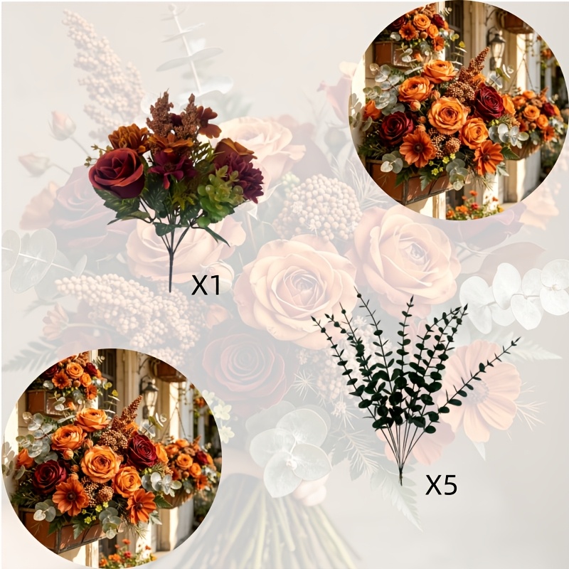 TEMU Ramo Artificial Mezclado de Tones Cálidos de Otoño, 6 piezas, , Heliotropo, Rosa , Peonía, Margarita Naranja , Flores Pequeñas , Combinación de