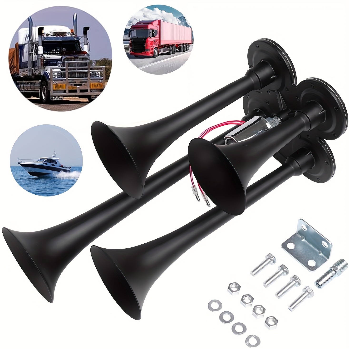 Image of Meshuba 12v/24v For Truck Air Horn 130db 4 Trumpet Horns Train Horn For Truck Super Loud Air Horns With Electric Solenoid Chrome Universal For Pickup Car For Suv Train Boat (black 4-tube 12/24v)
