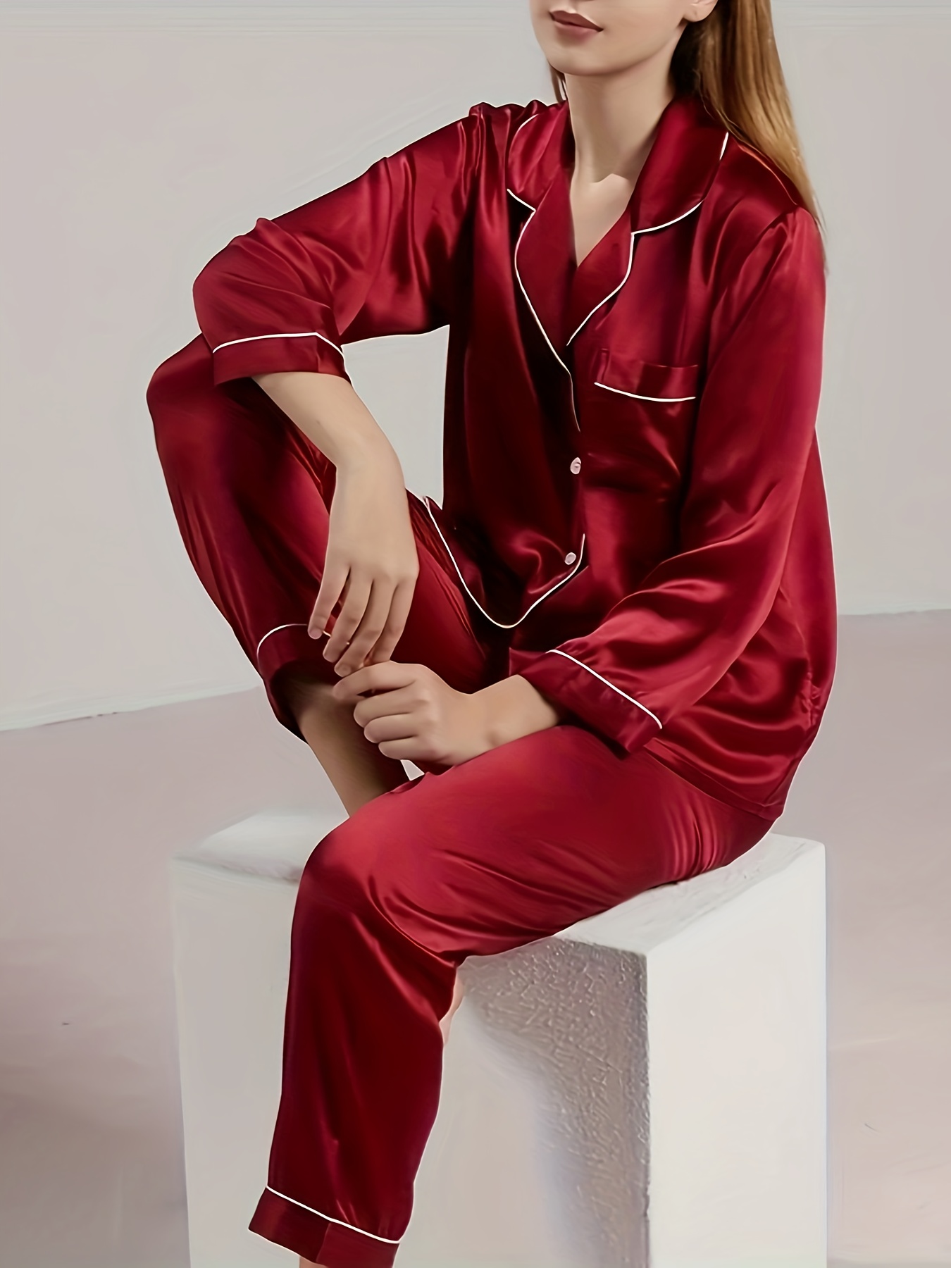 Solid Pajama Set Long Sleeve Robe + Cami Top + Lounge Pants - Temu