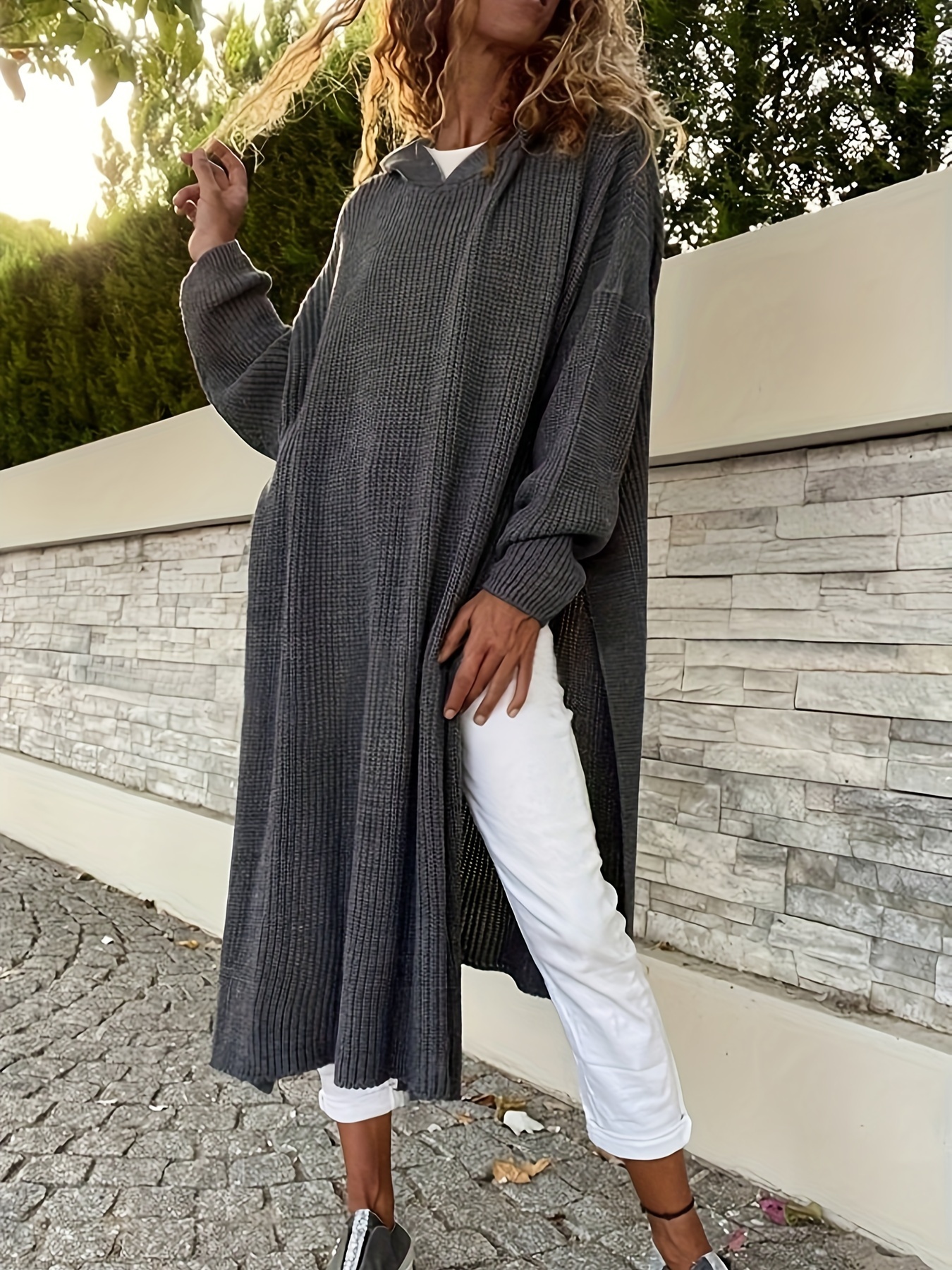 womens 2024 autumn winter hooded slit long sweater dress