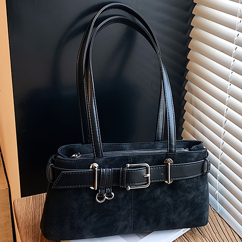 TEMU Premium Vintage-style Women's Shoulder Bag With Belt Accent, Daily Handbag, Suede-look Tote, Cosmetic Organizer Phone Wallet, Holiday Gift For