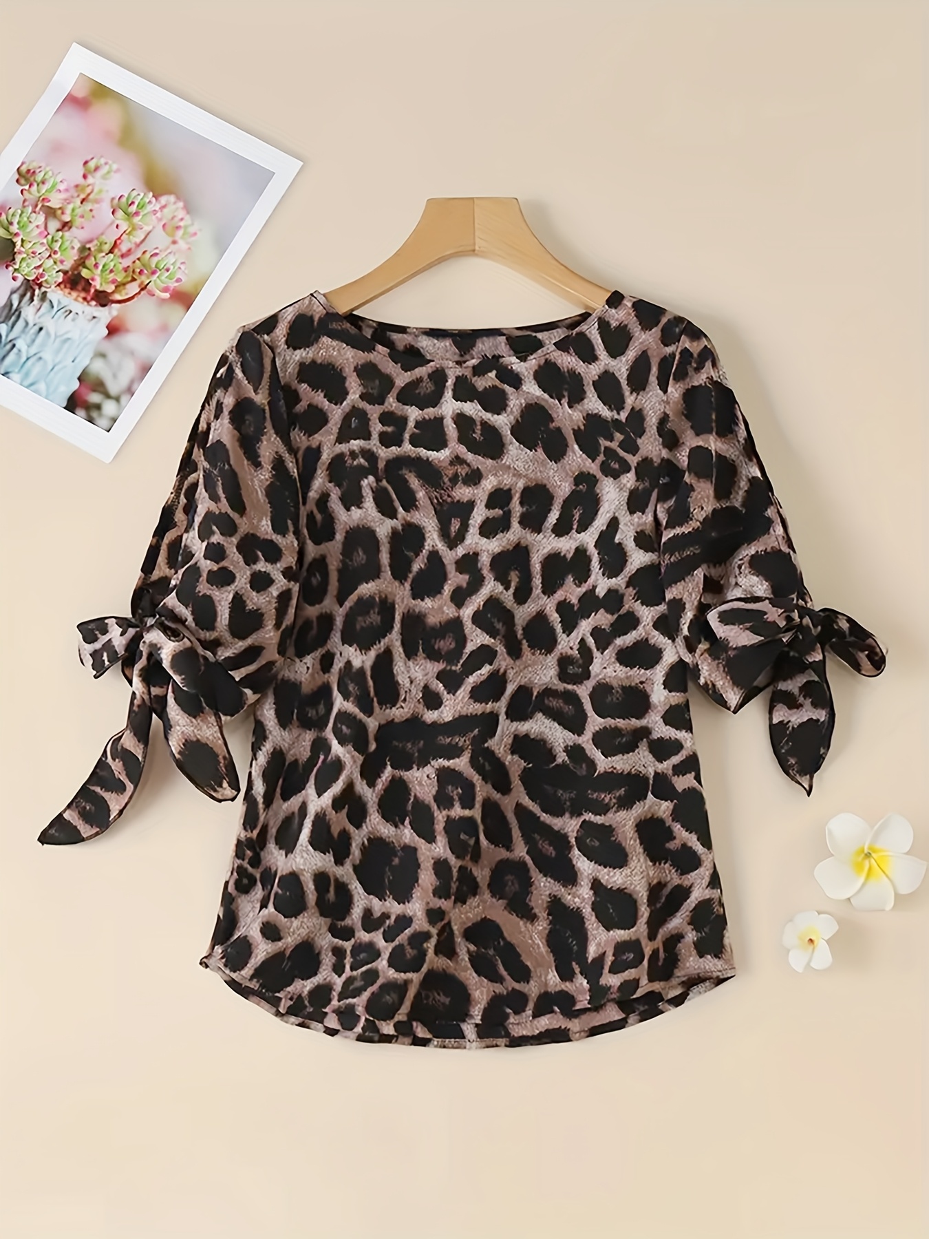 Women's Leopard Print Blouse with Tie-Waist Split Sleeve Cuffs  Semi-Sheer Round Neck Short Sleeve Shirt, Machine Washable Regular for