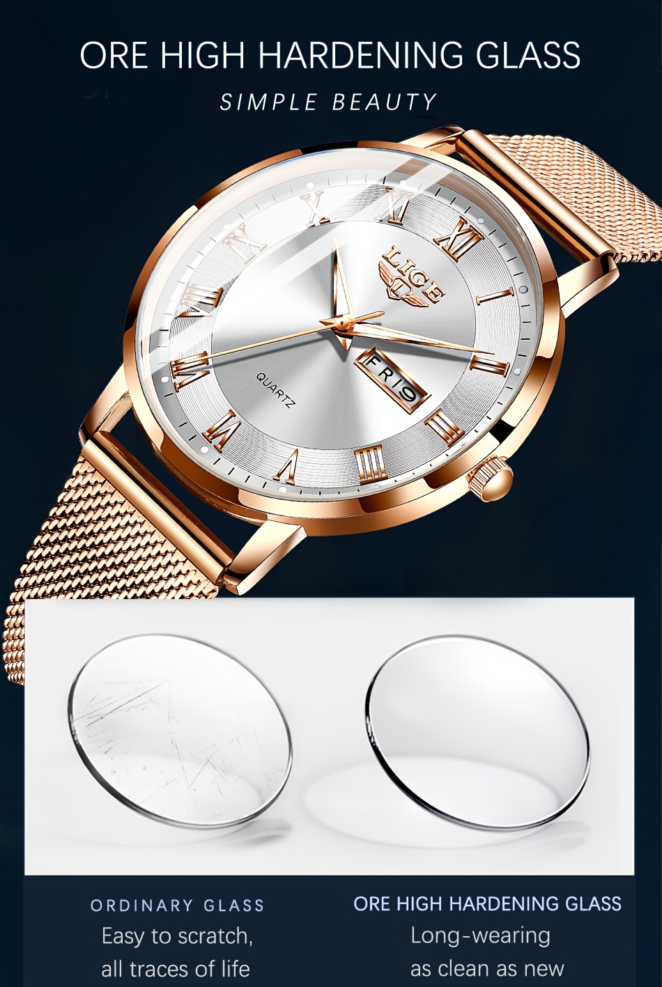 LIGE Dames Elegant Roestvrij Quartz Analoog Horloge met Datumkalender, Quartz Polshorloge Geschikt voor Dagelijks Gebruik - Tijdsmeter, Valentijnscadeau voor Vrouwen & Mannen (Merk)