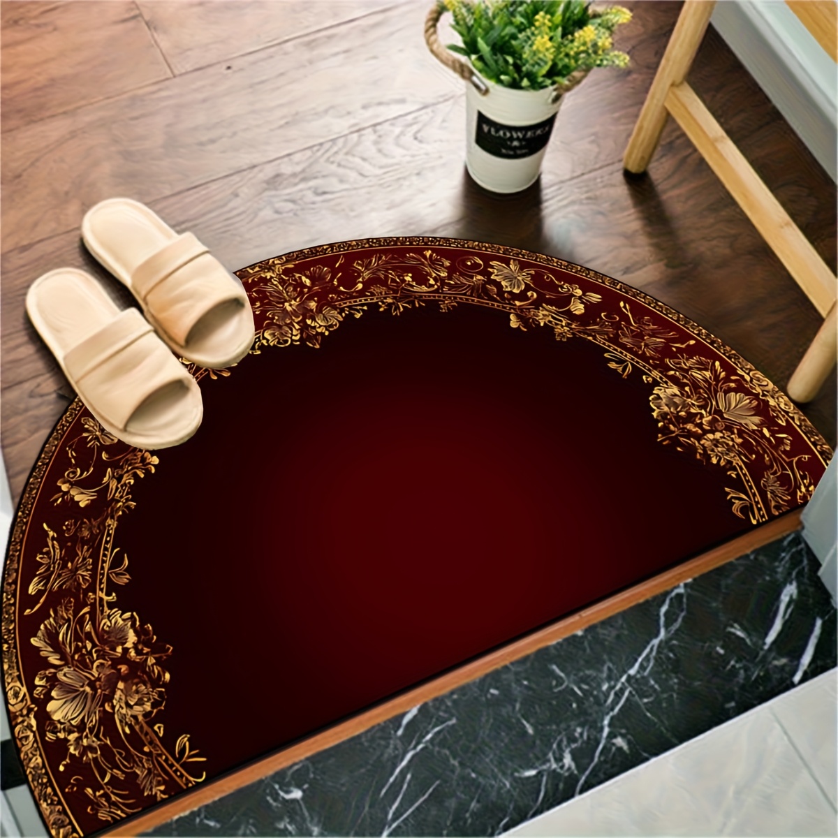 TEMU 1pc Vintage And Golden Floral Non-slip Semi-circular Door Mat, Flannel Rug - Elegant Indoor Entrance Decor, Perfect For Valentine's Day, Easter,