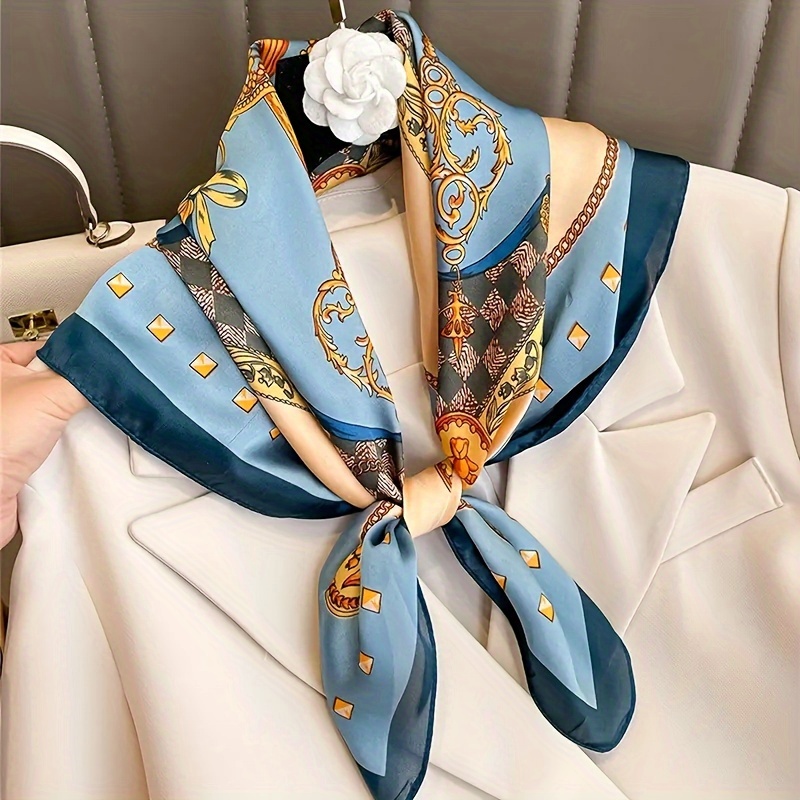 

27.55" Luxurious Baroque Scarf - Soft, Lightweight, Breathable Polyester, Fashionable Blue And Golden Patterned Headscarf For Women - Ideal For Styling, Gifting, And Use, Hair Scarf