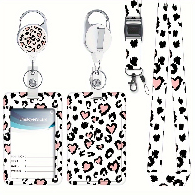 2d A Heart-shaped Id Holder Featuring A Black And White Leopard Print, Complete With A Lanyard And A Retractable Id Reel, Perfect For A Stylish Touch