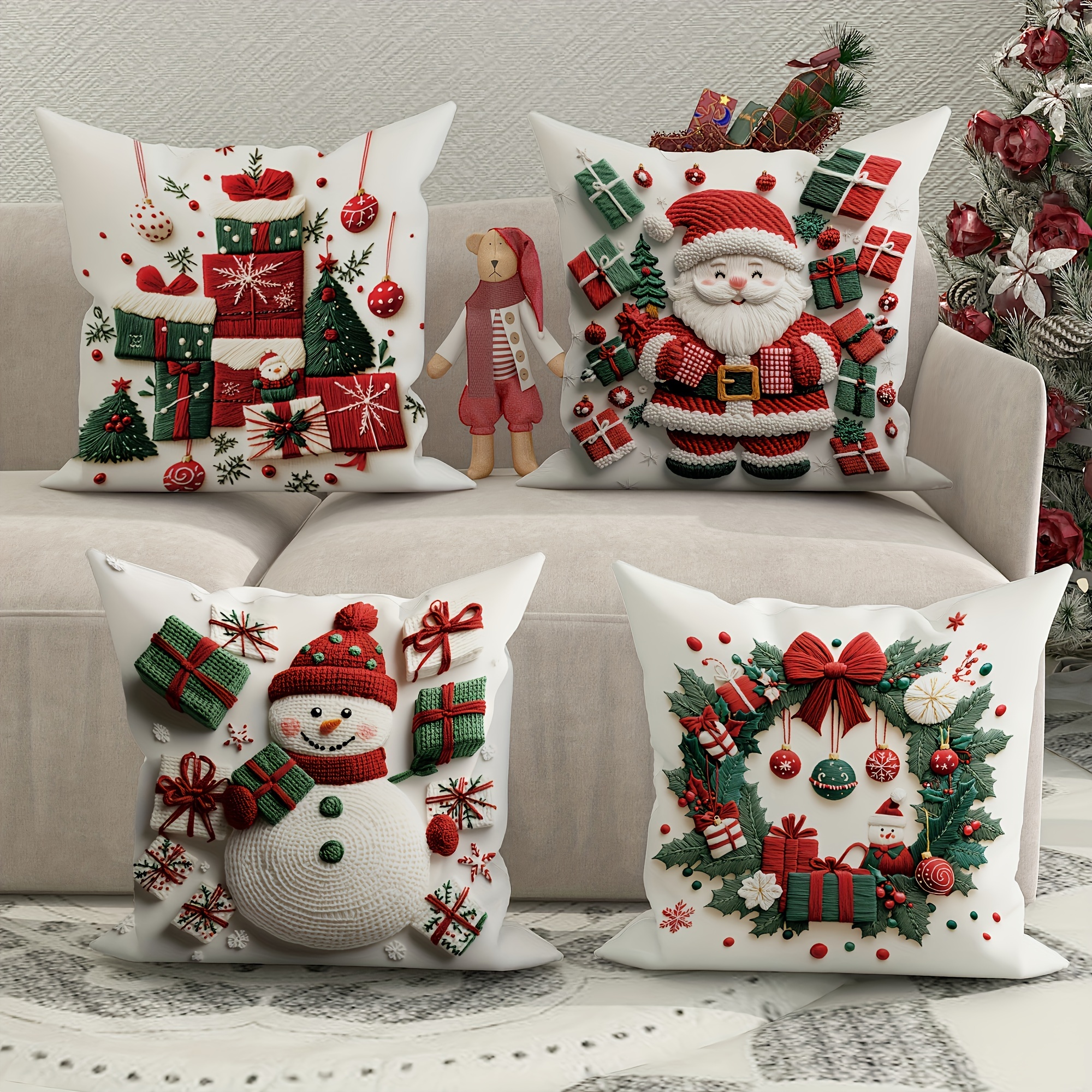 

Set Of 4 Christmas Velvet Throw Pillow Covers - Santa & Snowman Designs, Soft Polyester With Zipper Closure For Sofa And Living Room Decor, Machine Washable - 18x18 Inches