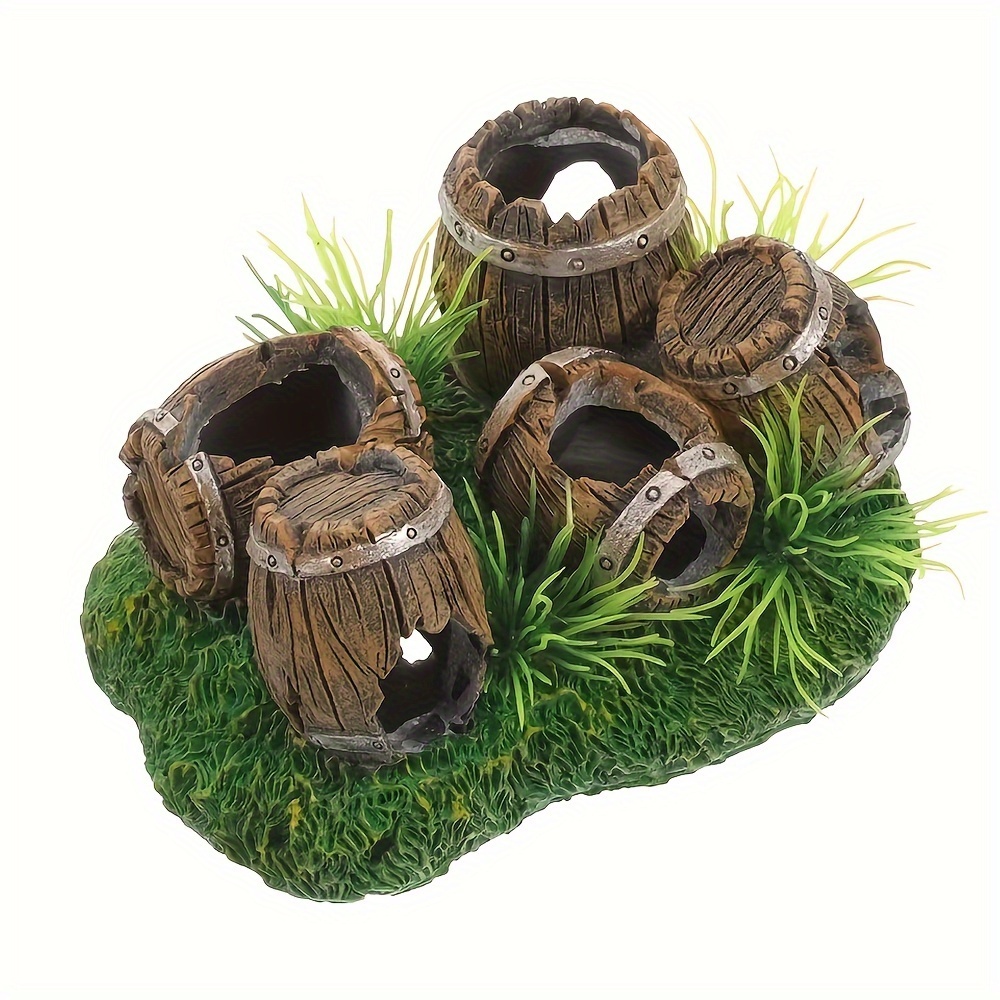 

Fish Decoration - Resin Barrel Shaped With Realistic Grass - Abs Aquarium Pet